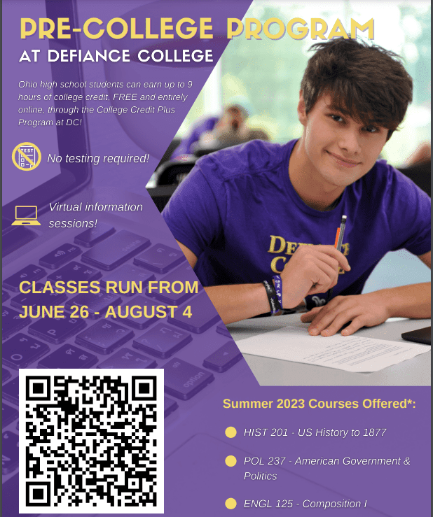 Flyer for pre-college program with student, QR code, and course listings.